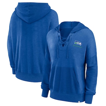 Women's Seattle Seahawks Fanatics Royal Heritage Snow Wash French Terry Lace-Up Pullover Hoodie